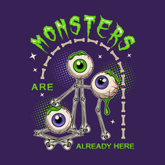 Arched emblem with moving monsters made of bones, human eyeballs with drops of green goo, slime, text. Round halftone shapes, little stars on violet background. Creepy illustration