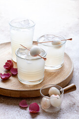 Honey Lime and Lychee cocktail. Lime soda ginger refreshing summer drink. Lychee fizz sparkling mocktail