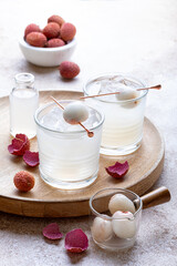 Honey Lime and Lychee cocktail. Lime soda ginger refreshing summer drink. Lychee fizz sparkling mocktail
