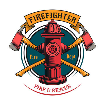 Firefighter patch. Badges with axes, hydrant, red heraldry with ribbons. Vector illustration for firemen, fire department, rescue