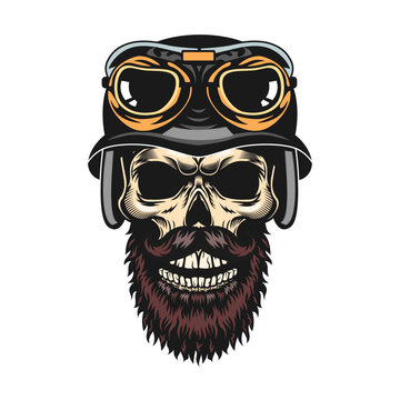 Skull in helmet. Motorcyclist hat with horns and googles, vintage rock symbols. Vector illustration for tattoo templates, emblem