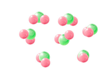 Molecules of three atoms like water or carbon dioxide from different views, concept of chemistry, spherical model
