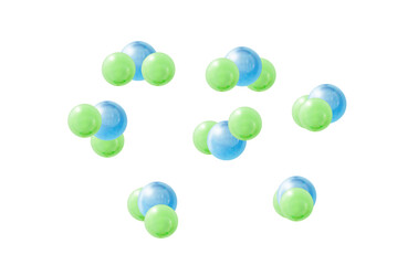 Molecules of three atoms like water or carbon dioxide from different views, concept of chemistry, spherical model