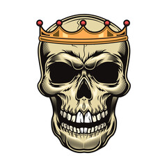 Skull in crown flat illustration. Dead king heads for isolated tattoo vector illustration. Monarchy design