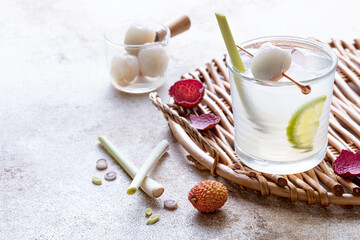 Lemongrass Honey Lime and Lychee cocktail. Lime soda lemongrass ginger refreshing summer drink. Lychee Mojito