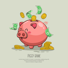 Cute Smile Piggy Bank With Money And Gold Coins, Cartoon Illustration