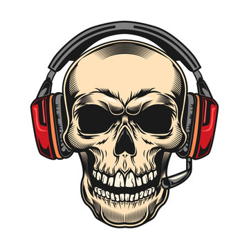 Colored skull badge. Scary skull with headset isolated vector. Design and racer tattoo