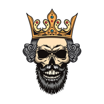 Colored skull badge. Scary skull with gentleman cap, hair and headset isolated vector illustration. Design and racer tattoo