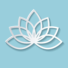 Lotus in paper cut out style. Water lily with shade on blue plain background. Vector illustration.