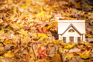 The symbol of the house stands among the fallen autumn leaves
