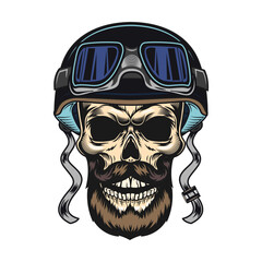 Colored skull flat badge. Scary skulls with helmet, bandana, crown, gentleman cap, hair and headset isolated vector illustration. Shirt design and racer tattoo concept