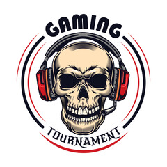 Video game emblem. Badge with skull, VR headsets. Vector illustrations for gamer contest, cyber sport