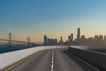 Empty urban asphalt road exterior with city buildings background. New modern highway concrete construction. Concept way to success. Transportation logistic industry fast delivery. San Francisco. USA.