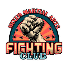 Fight club with fist label. Boxing club emblem with angry dog or muscular arm isolated vector illustration. Kickboxing, sport, martial arts and design elements concept