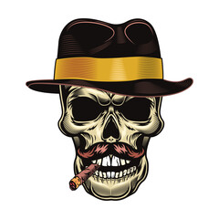 Black mafia and gangsters flat illustration. Colored retro bandit skull, pistol, gun, revolver isolated vector illustration. Military and weapon concept