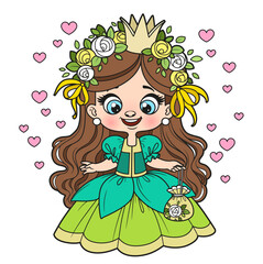Cute cartoon longhaired girl princess in a wreath of roses color variation for coloring page on white background