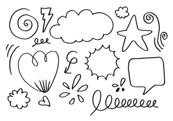 hand drawn set element,black on white background.arrow,cloud,speech bubble,heart,emphasis,swirl,for concept design.