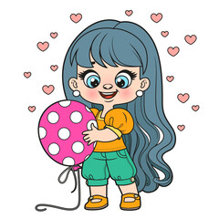 Cute cartoon longhaired girl with a big polka dot balloon color variation for coloring page on white background