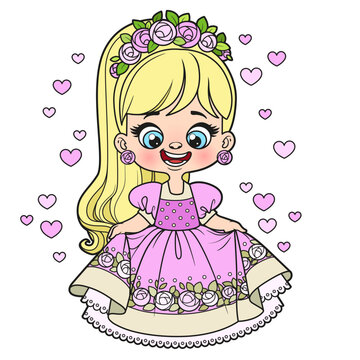Cute cartoon longhaired girl princess in a dress with a bouffant skirt color variation for coloring page on white background
