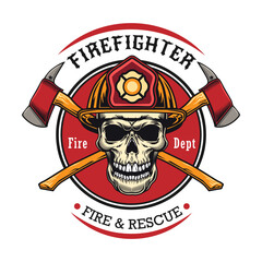Firefighter patch. Badges with skulls in helmets, axes, hydrant, red heraldry with ribbons. Colored vector illustration for firemen, fire department, rescue