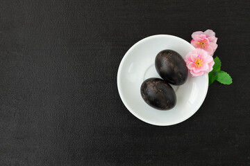 Black eggs boiled in the sulfuric hot springs of the Great Boiling Valley on Mount Hakone