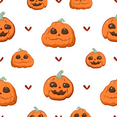 Fun, spooky orange Jack pumpkins for Happy Halloween! Seamless pattern on a transparent background, hand-drawn cartoon character vector illustration.