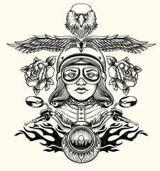 Naklejka na ściany i meble motorcycle girl. Illustration design surrounded by eagle, wings and roses. 
