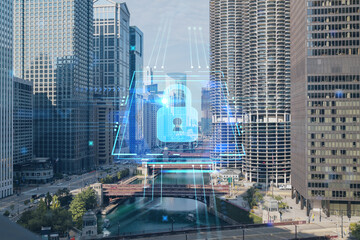 Aerial city panorama of Chicago Riverwalk downtown area, Boardwalk with bridges, day time, Chicago, Illinois, USA. The concept of cyber security to protect companies confidential information
