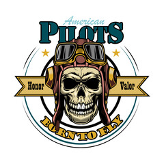 Army emblem. Template label with skulls in pilot helmets or soldier hats, air force eagle wings, text and ribbons. Vector illustrations isolated on black