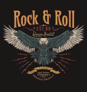 Eagle Vintage Vector T Shirt Design. Rock And Roll With Wing Logo Artwork For Apparel And Others.