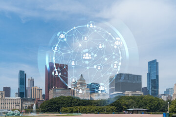 Chicago skyline, Butler Field towards financial district skyscrapers, day time, Illinois, USA. Parks and gardens. Social media hologram. Concept of networking and establishing new people connections