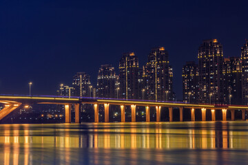 Fototapeta na wymiar night view of the city by bridge
