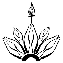 hands of praying people look like a blooming lily, a rainbow as a symbol of promise and a cross with a flame as a candle, black creative logo