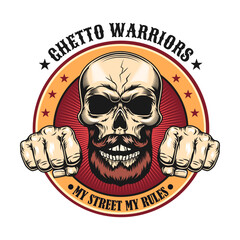 Gangsta tattoo emblem. Black monochrome labels or signs for street gangs with skulls, guns and fist vector illustration. Fighting club and aggression