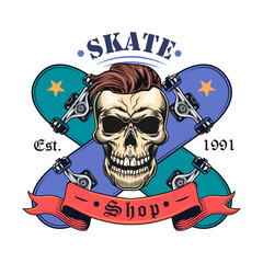Vintage skateboarding flat label. Colored skateboard tattoo with skull, skeleton, tire of wheel and angel wings vector illustration. Male beauty and self care concept