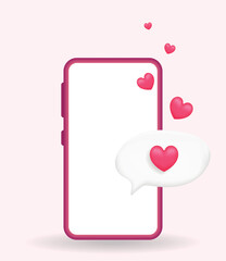 3D Like message with Heart in Smartphone Isolated. Social Media Notification Button. Love Like Symbol in Rounded Pin. Rendering Chat Balloon Pin. Social Network Media App. Realistic Vector