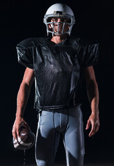 American Football Field: Lonely Athlete Warrior Standing on a Field Holds his Helmet and Ready to...