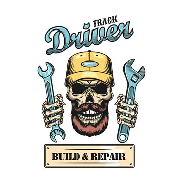 Lorry driver emblem. Bearded skulls in caps holding steering wheel or spanners with keep on trucking or diesel brother text. Vector illustrations for shipping, trucker community concept