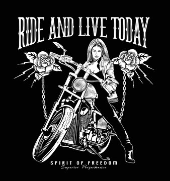  Ride and live today.Beautiful woman riding a motorcycle. 