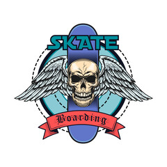 Vintage extreme skateboarding label. Colored skateboard tattoo with skull, skeleton, tire of wheel and angel wings vector illustration. Male beauty and self care