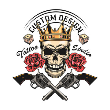 Vintage tattoo studio black and white emblem. Retro logos with cross guns, skulls in crown, skeleton, rose isolated vector illustration. Tattoo studio and design elements concept