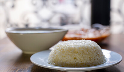 Traditional Turkish cuisine. Kuru Fasulye . Haricot Beans, rice, beans and 
tzatziki