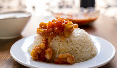 Traditional Turkish cuisine. Kuru Fasulye . Haricot Beans, rice, beans and 
tzatziki