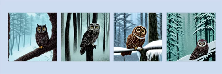 Wall murals Owl Cartoons Scandinavian Christmas illustration with a wise forest owl in the snow. forests and snowflakes on a dark gray background. Winter card with cute owl. birds in winter forest set