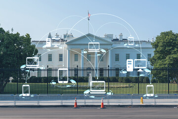 Fototapeta na wymiar The White House on sunny day, Washington DC, USA. Executive branch. President administration. Social media hologram. Concept of networking and establishing new people connections