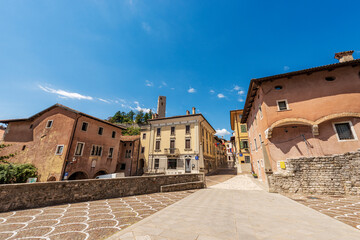 Obraz premium Cityscape of Gemona del Friuli from the medieval Cathedral (Duomo of Santa Maria Assunta). This town was devastated by two earthquakes in 1976. Udine province, Friuli-Venezia Giulia, Italy, Europe.