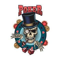 Gangster casino skull. Vintage emblems, stickers, prints with playing cards, crown, top hat, smoking cigar. Vector illustration for poker club labels, gambling concept