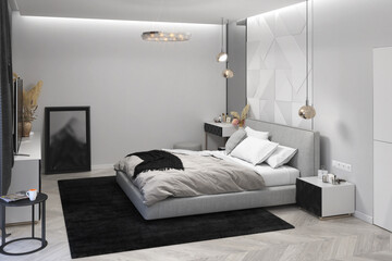Fototapeta na wymiar Bedroom in conservative styling, 3D render