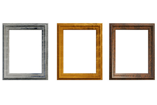Set of 3d vintage photo frames on the wall. 3d illustration. Realistic gold, silver, and black rusty picture boxes. square blank mockup template home interior