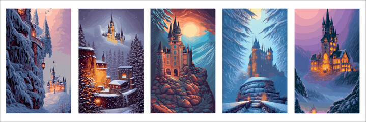 Castle background winter snowy forest. Snow, snowflakes. Winter landscape. Vector illustration kids with fairytale castle winter landscape snowy weather with snowfall. mysterious castle set poster - obrazy, fototapety, plakaty